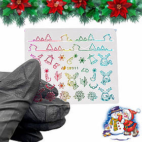 Новорічні 3D стікери-наклейки Сніговик, Дзвіночок, Ялинки 011 для дизайну нігтів на прозорій основі