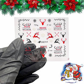 Новорічні 3D стікери-наклейки Merry Christmas, Новорічні олені 044 для дизайну нігтів на прозорій основі