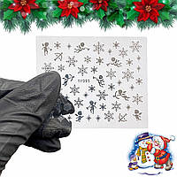 Новогодние 3D стикеры-неклейки для дизайна ногтей на прозрачной основе Снежинки, Амур 095