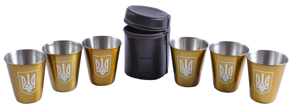 Чарки з нержавіючої сталі в шкіряному чохлі "Україна" (Золото, 6 шт) №PQ-08 Ср, фото 1