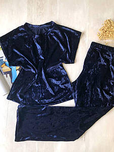 Жіноча велюрова піжама футболки і штани темно синя