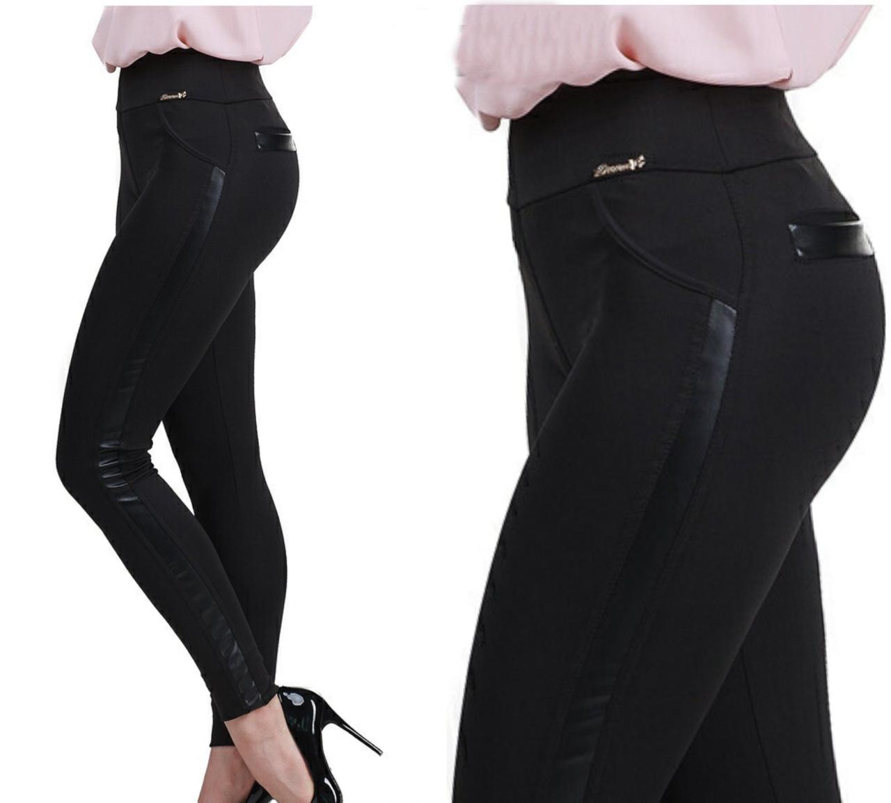 Утеплені  жіночі лосини збоку вставки з еко-шкіри  2XL, 3XL, 4XL