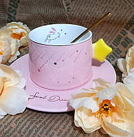 💜Шикарна чашка з блюдцем і ложкою "Космос" Рожевий