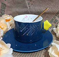 💜Шикарна чашка з блюдцем і ложкою "Космос" Синій