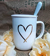 💚Стильна кружка з кришкою та ложкою "Серце" 380 мл