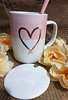 💚Стильний кухоль із кришкою і ложкою "Серце" 380 мл Рожевий