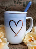 💚Стильний кухоль із кришкою і ложкою "Серце" 380 мл Синій