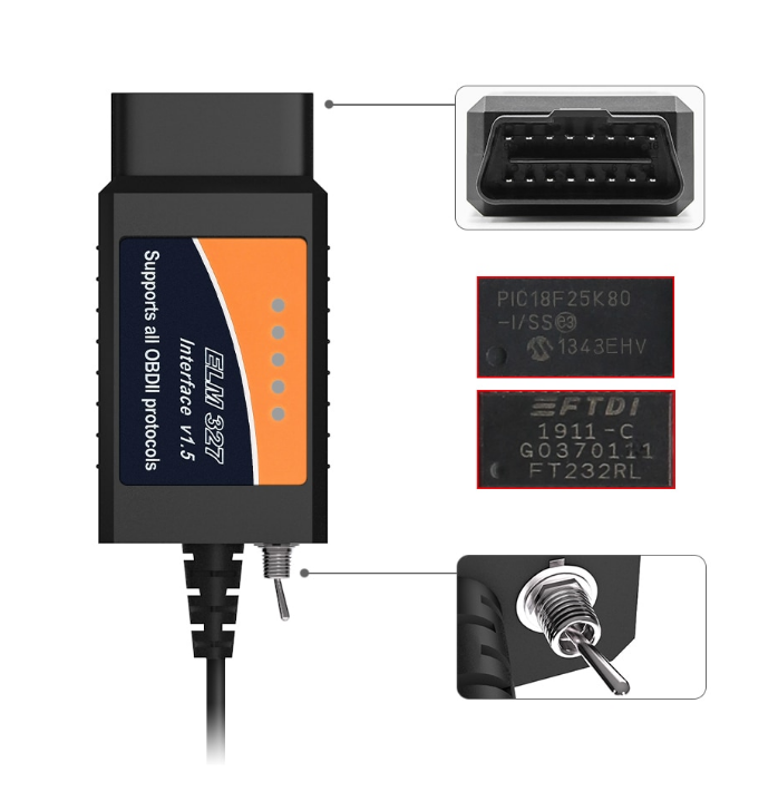 Elm 327 Usb з перемикачем HS + MS CAN Чіп Ftdi V1.5, фото 1
