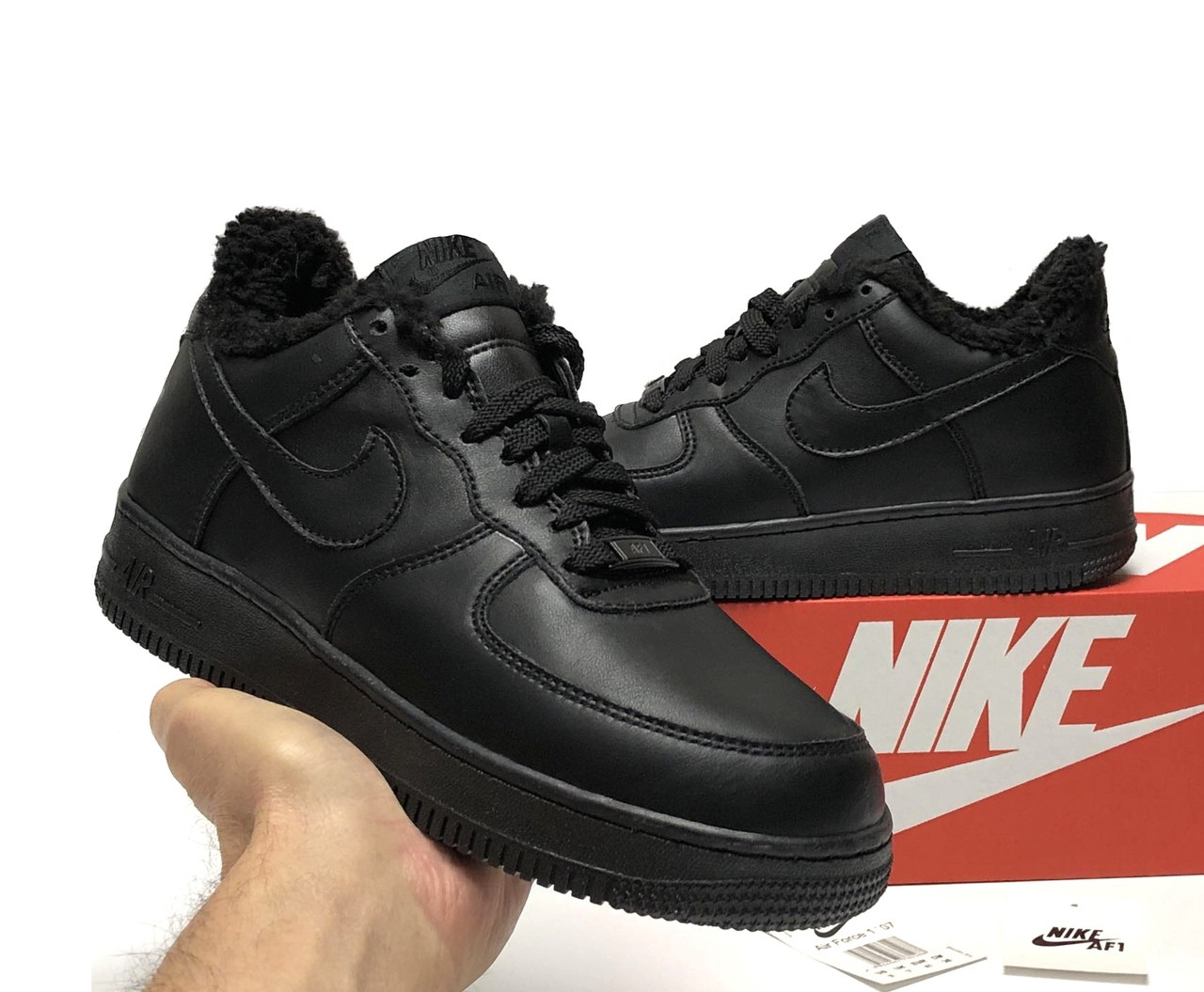 Кросівки чоловічі зимові Nike Air Force 1 Black Winter Найк Форс чорні шкіряні з хутром утеплені короткі