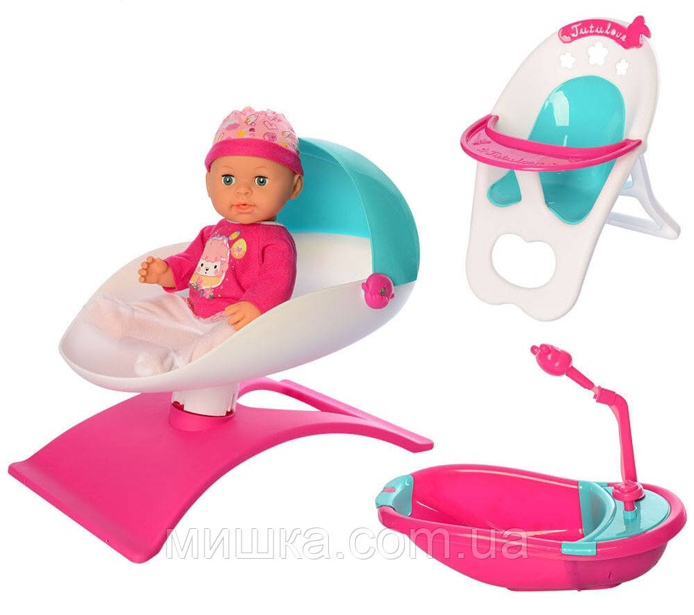 Лялька-пупс 8688, 36 см, стілець для годування, колиска, ванна, аксесуари, фото 1