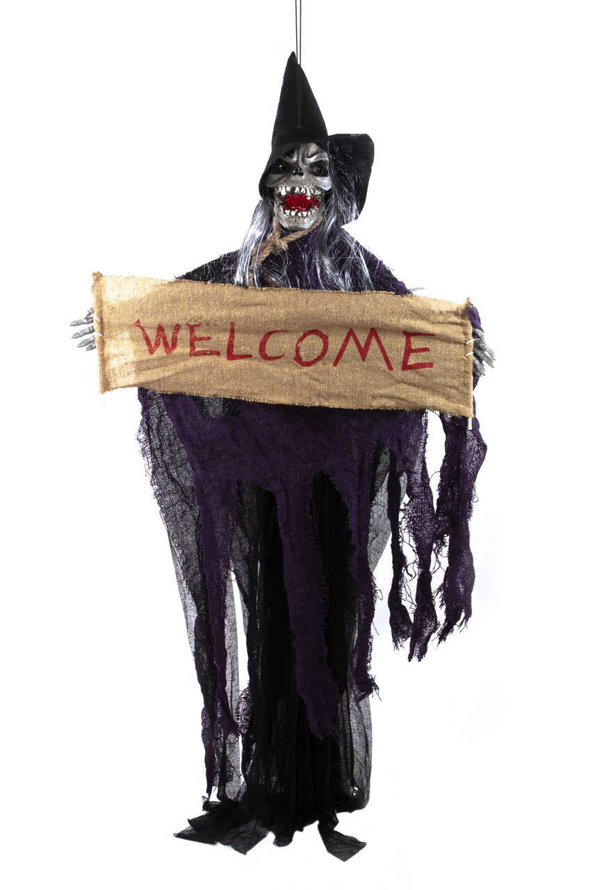 Декор на Хеллоуїн Ніжити "Welcome" у фіолетовому балахоні зі звуком і світлом, 42х113 см