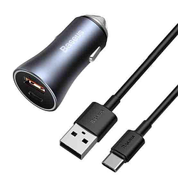 Автомобільний зарядний пристрій з кабелем USB to Type-C BASEUS |1USB/1Type-C, PD/QC, 40W, 5A| Сірий TZCCJD-0G