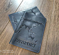 Синяя обложка на паспорт с тиснением карта мира ST Leather