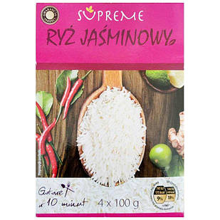 Рис жасминовий білий довгий Supreme, в пакованні 4 х 100 г, походження Таїланд, шліфований, пропарений