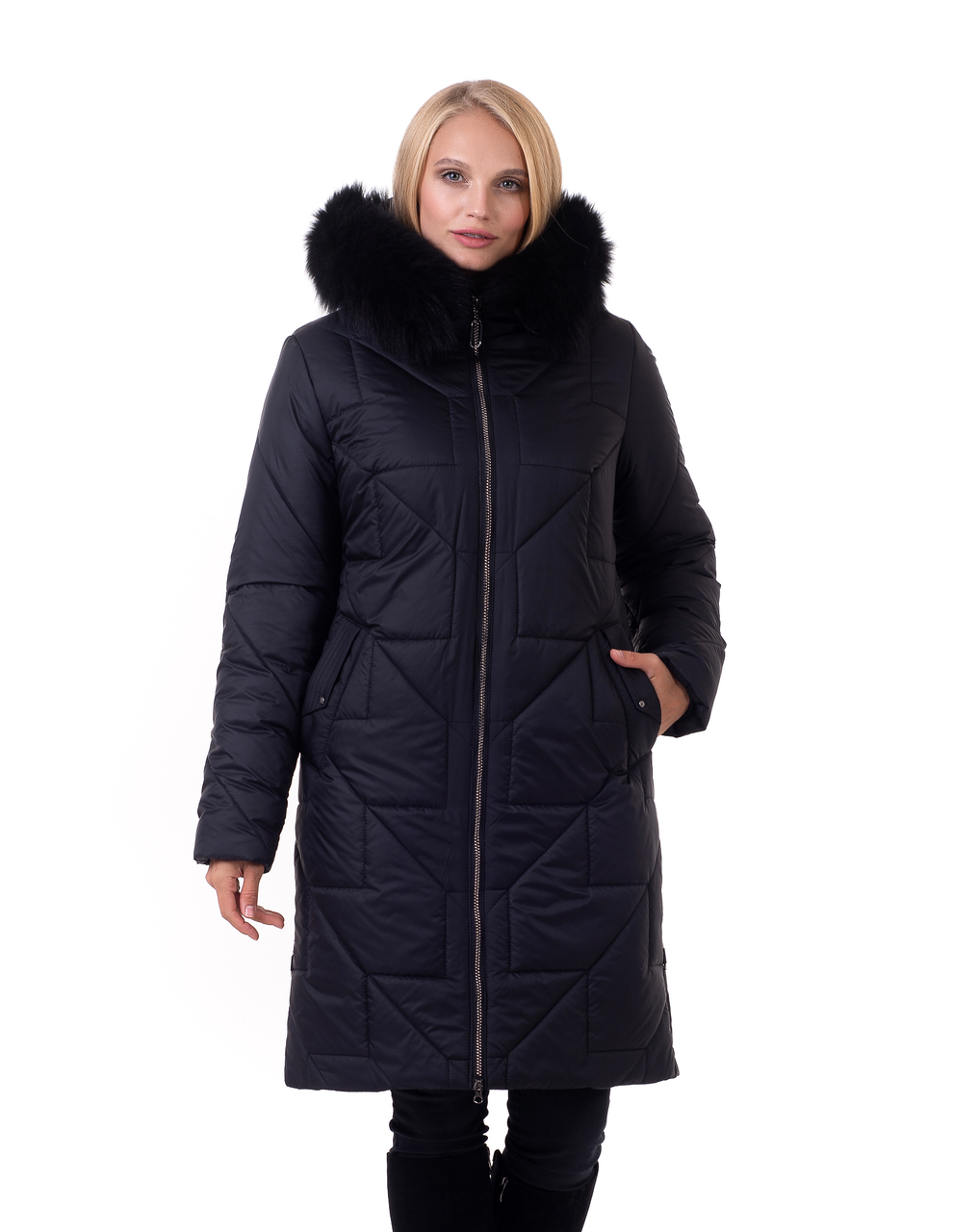 Елегантний жіночий пуховик з песцевої опушкою, великі розміри, фото 1