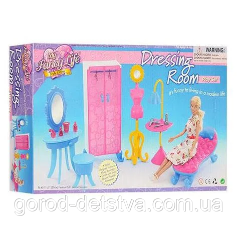 Лялькова меблі Gloria Гардероб 2909 в комплекті шафа пуфик дзеркало манекен та аксесуари, фото 1