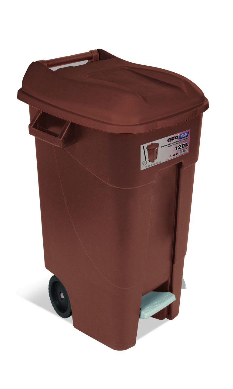 Бак для мусора 120 л EcoTayg 60х56,8х88,6 см с педалью, ручками, на колесах, коричневый (Испания) - фото 2 - id-p1483214180