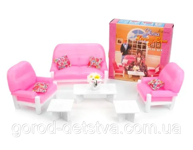 Лялькова меблі Gloria Вітальня 94014 в комплекті диван крісло столик стільці аксесуари