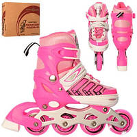Ролики рожеві дівчинці, розмір 31-34, розсувні, шнурівка, бакля, алюмінієва рама, колеса ПУ 64 мм