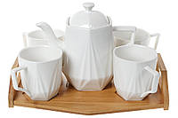 Чайный фарфоровый набор на бамбуковом подносе: чайник 900мл и 4 кружки 320мл
