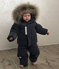 Дитячий зимовий комбінезон на хлопчика з натуральним хутром розміри 98 Колір темно-синій