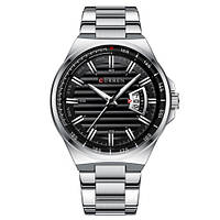 Мужские наручные часы стильные противоударные стальные с черным циферблатом Curren 8375 Silver-Black