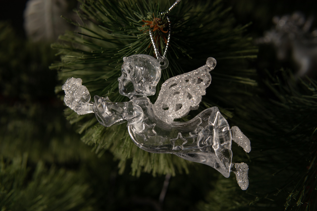 Іграшка на ялинку новорічна Янголятко об'ємна 12 см із пластику кольорова, в блискітках - фото 1 - id-p1483313034