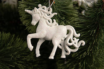 Новорічна іграшка кінь"Єдиноріг" об'ємна 12 см із пластику кольорова, в блискітках