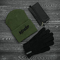 Чоловіча | Жіноча шапка Intruder хакі зимова big logo + рукавички чорні, зимовий комплект + ПОДАРУНОК