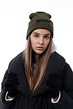 Чоловіча | Жіноча шапка Intruder хакі зимова big logo + рукавички чорні, зимовий комплект + ПОДАРУНОК, фото 7