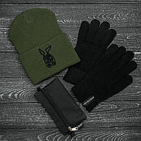 Мужская | Женская шапка Intruder хаки зимняя bunny logo + перчатки черные, зимний комплект + ПОДАРОК