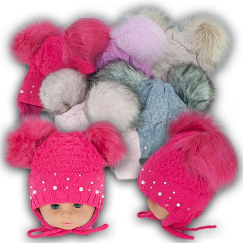 ОПТ Дитяча шапка з двома помпонами для дівчинки, 44-46 (5 шт./набір), фото 1