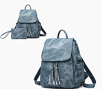 Комплект синий джинс сумка ранец + кошелек водонепроницаемый набор 2в1 женский искусственная кожа