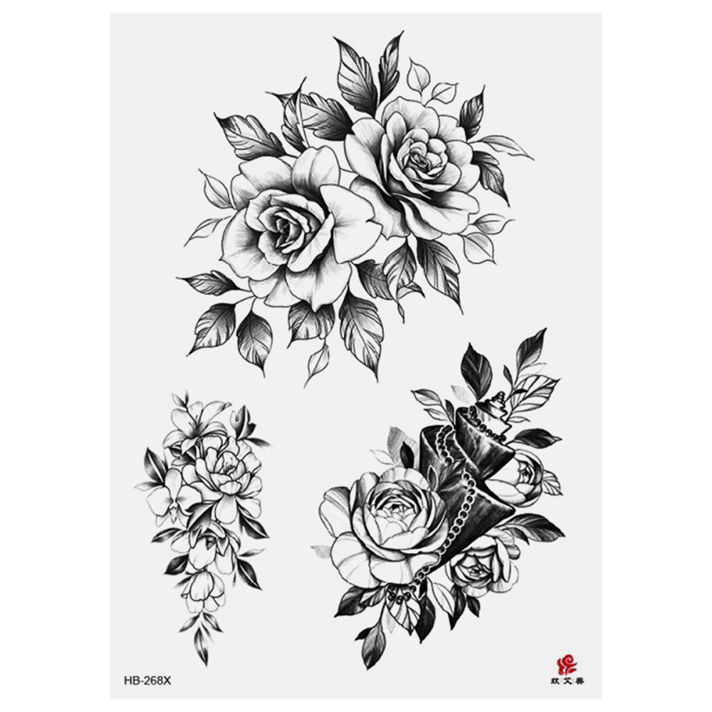 Тимчасове тату Квіти ч/б (набір 3 шт.) (HB-268X, 21x15 см), фото 1
