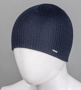 Чоловіча в'язана шапка без підкладки, шерсть (201210), Темно-синій