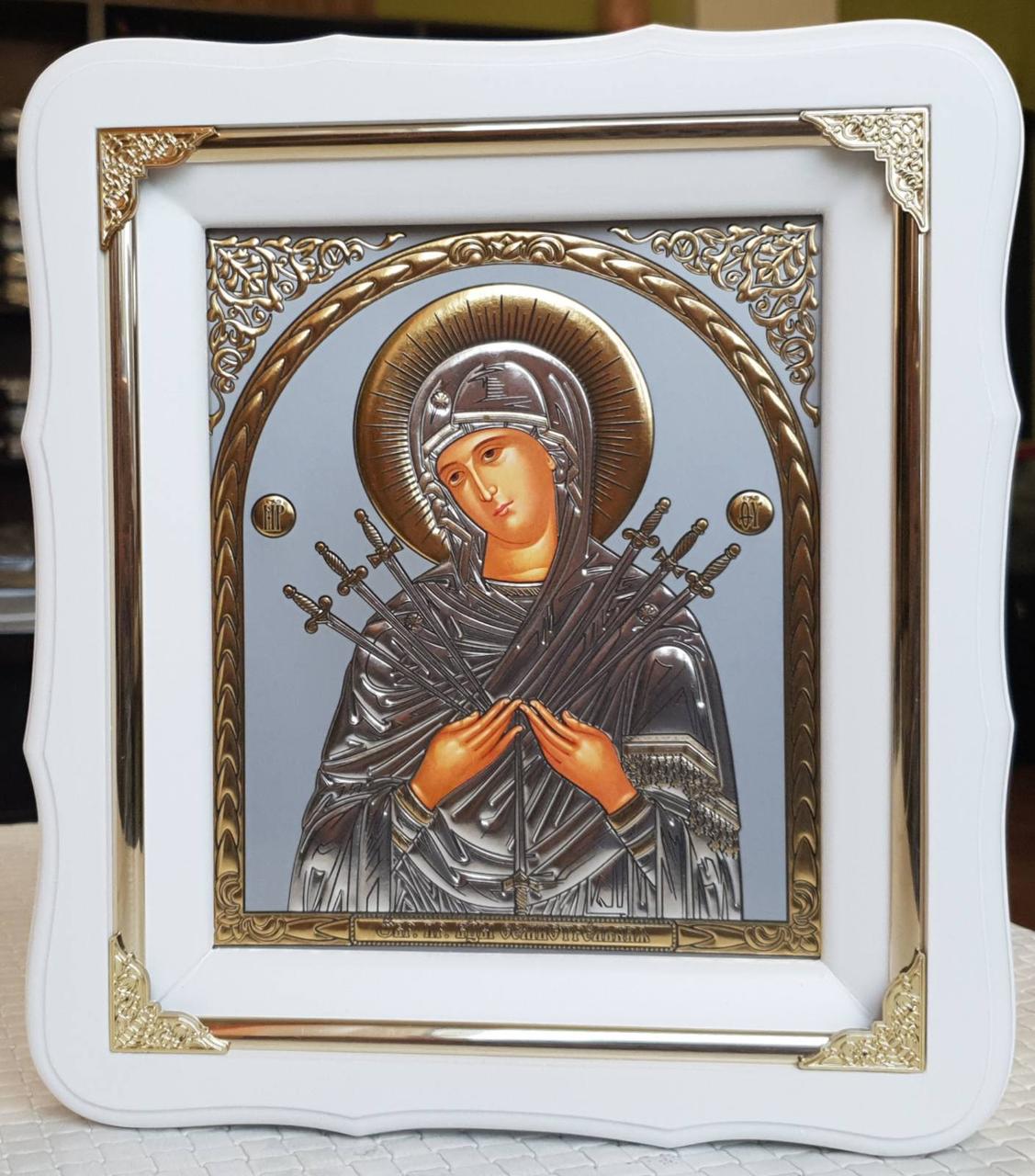 Ікона П.Б.Семістрельная в білому кіоті з декоративними куточками, розмір 24*21см, фото 1