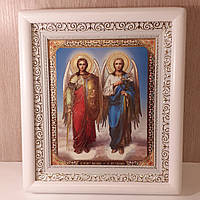 Икона Архангелы Михаил и Гавриил, лик 15х18 см, в белом деревянном киоте