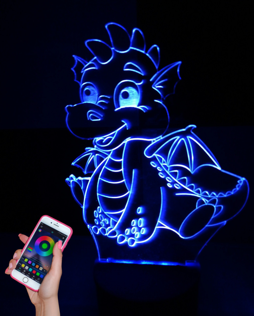 3d-світильник Дракоша, 3д-нічник, кілька підсвічувань (на bluetooth), подарунок малюку, фото 1