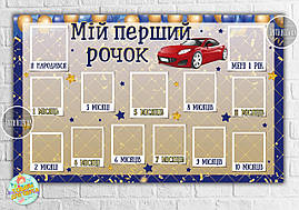 Плакат-колаж на 1 рік в синьо-золотому стилі з червоним авто "Мій перший рочок" Український