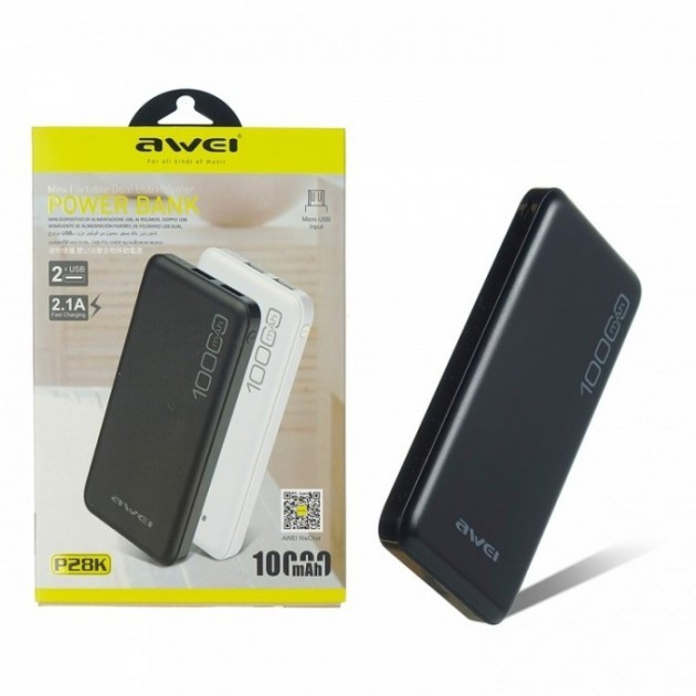 Універсальна мобільна батарея Awei P28K Power Bank 10000 mAh 2 USB, фото 1