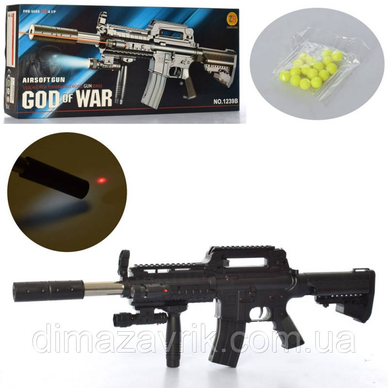 Дитячий автомат 70 см M16 1239B з глушником, лазер, ліхтарик, кульки, у коробці 63х26х8 см, фото 1