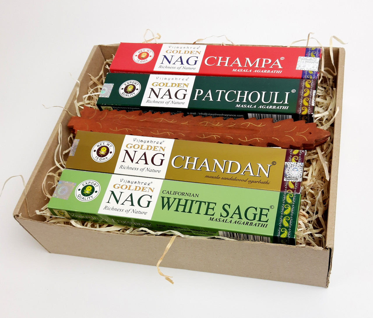 Подарунковий набір "Золота серія ароматів" Сандалове дерево, Наг Чампа, Пачули, Біла шавлія. Аромапалички