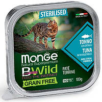 Влажный корм Monge Cat Bwild Gr.free Sterilised для стерилизованных кошек, паштет тунец с овощами 0.1КГх32ШТ