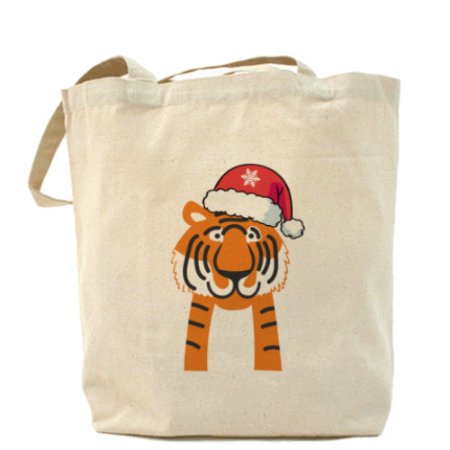 Еко-сумка, шоппер повсякденна з новорічним принтом Тигр у шапці Санти