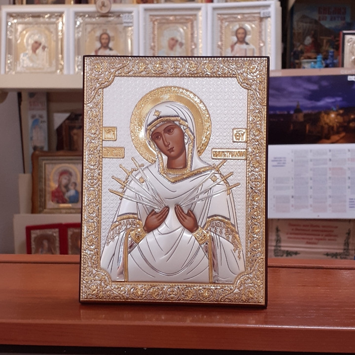 Срібна ікона 12х16 см Божої Матері "Семистрільна" на дереві з Греції. Срібло 925°, позолота.