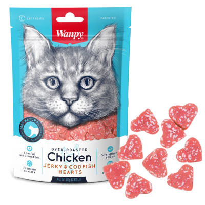 Ласощі для котів Wanpy (Ванпі) Chicken Jerky & Codfish Hearts серця з куркою та тріскою 80 г