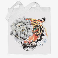 Эко-сумка, шоппер, повседневная с новогодним принтом Тигр и белый цветок