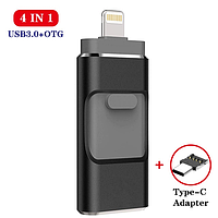 USB Флешка 4в1 64GB Type-C/Micro/Lightning/USB для телефона / компьютера iPhone/Android Черный