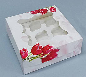 Коробка для капкейків біла з вікном, на 9 шт, мілований картон Тюльпани