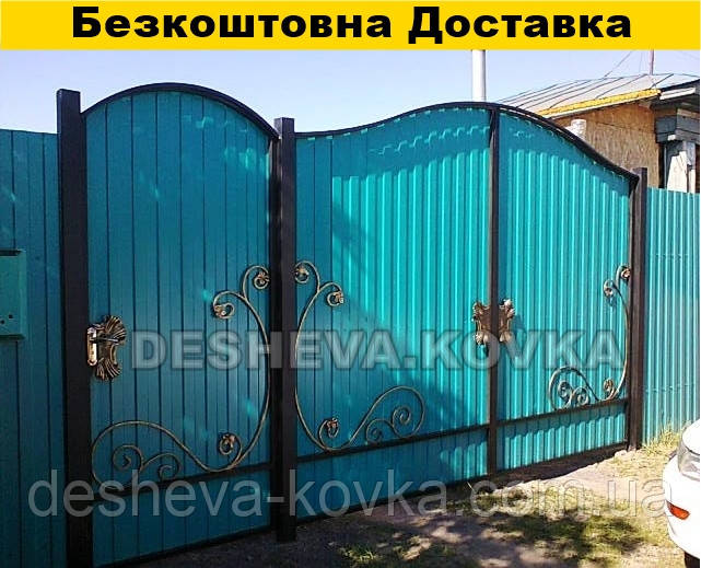 Ворота из калиткой профнастила из коваными элементами - фото 2 - id-p1483927509